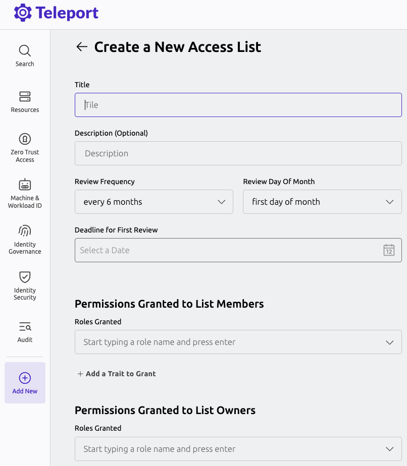 Navigate to create new Access List